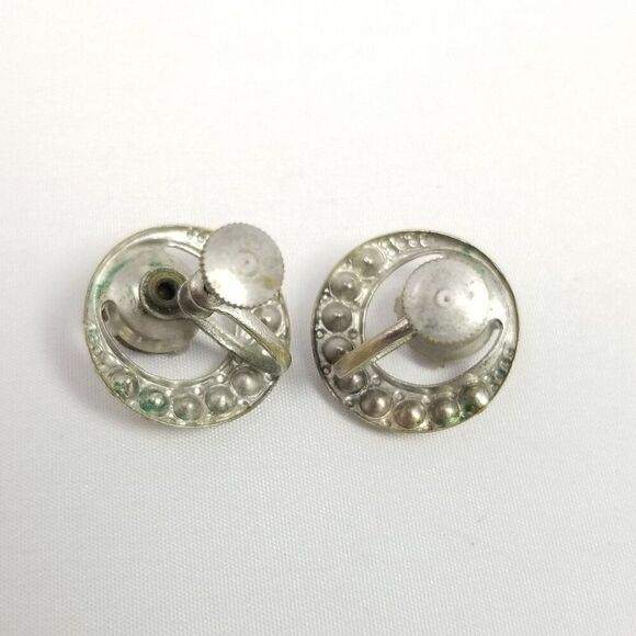 Vintage Crescent Moon / Eye Shape Clip On Earrings Purple Rhinestone Silver Tone - Picture 3 of 6